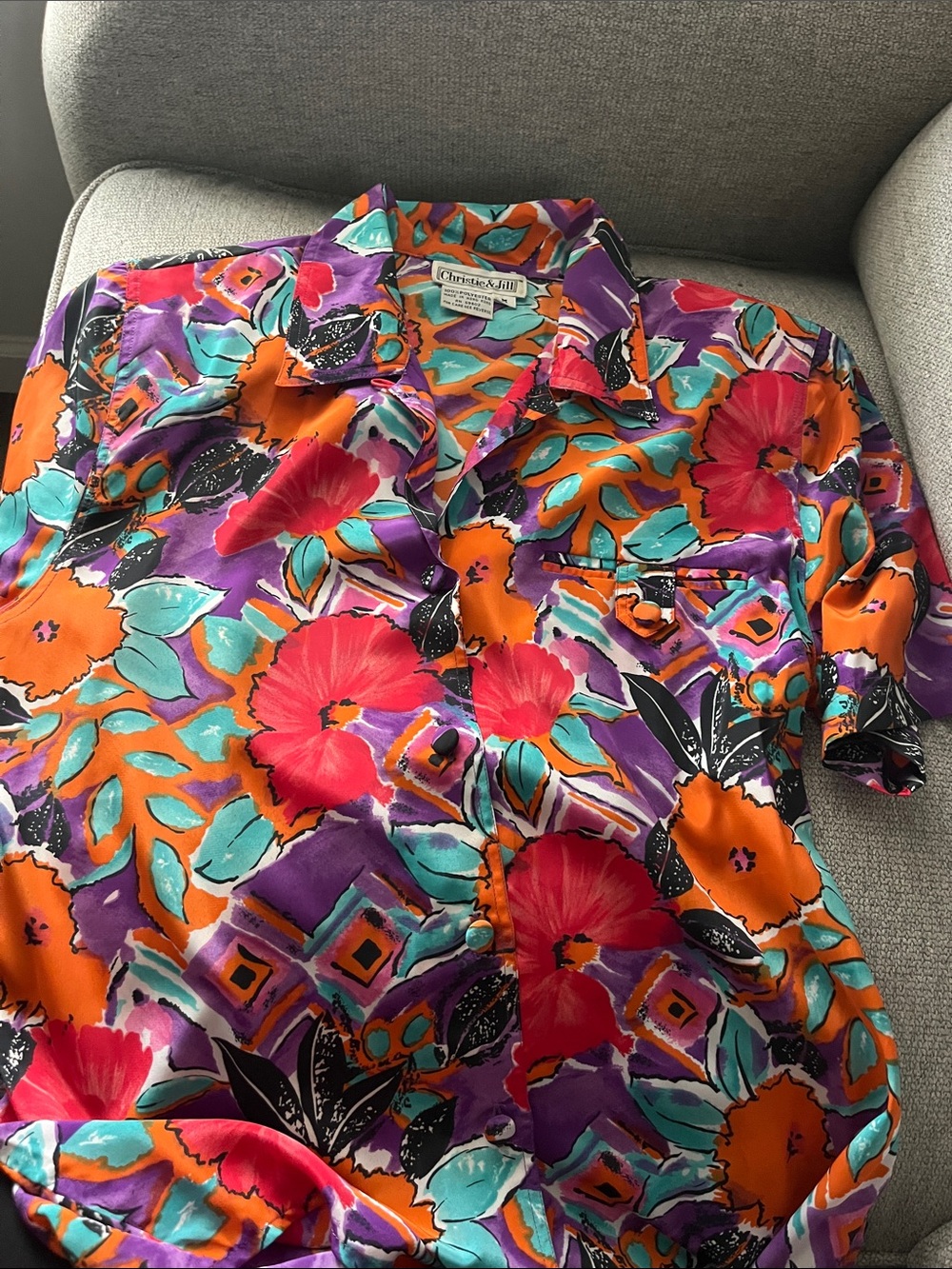 Vintage Purple Orange Teal Floral Button-Up Top